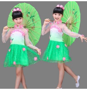 Tulle see through Long sleeves flowers green white patchwork girls kids children chinese folk dance cos play School play performance dresses outfits